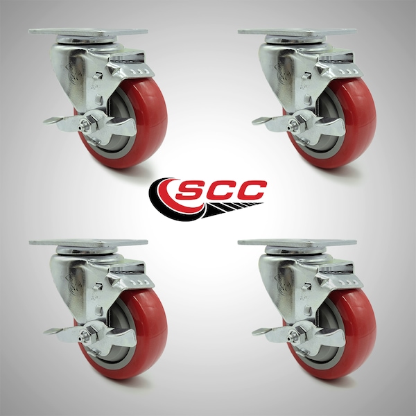 3.5 Inch SS Red Polyurethane Swivel Top Plate Caster Set with Brake SCC
